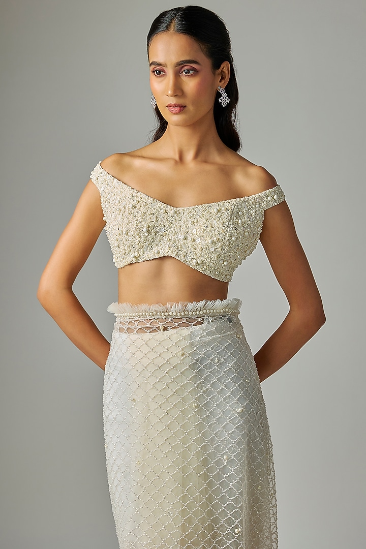 Ivory Net Hand Embroidered Reception Saree Set by COUTURE BY NIHARIKA at Pernia's Pop Up Shop