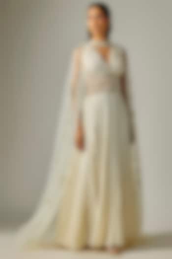 Ivory Chiffon Embroidered Wedding Gown With Cape by COUTURE BY NIHARIKA at Pernia's Pop Up Shop