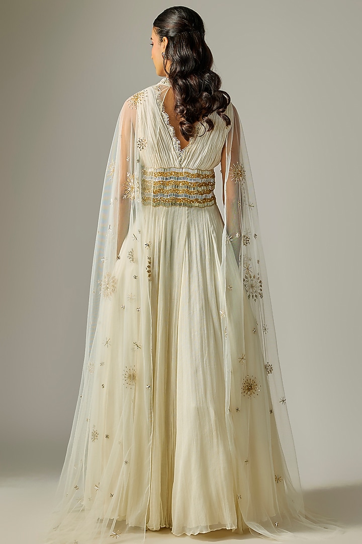 Ivory Chiffon Embroidered Wedding Gown With Cape by COUTURE BY NIHARIKA at Pernia's Pop Up Shop