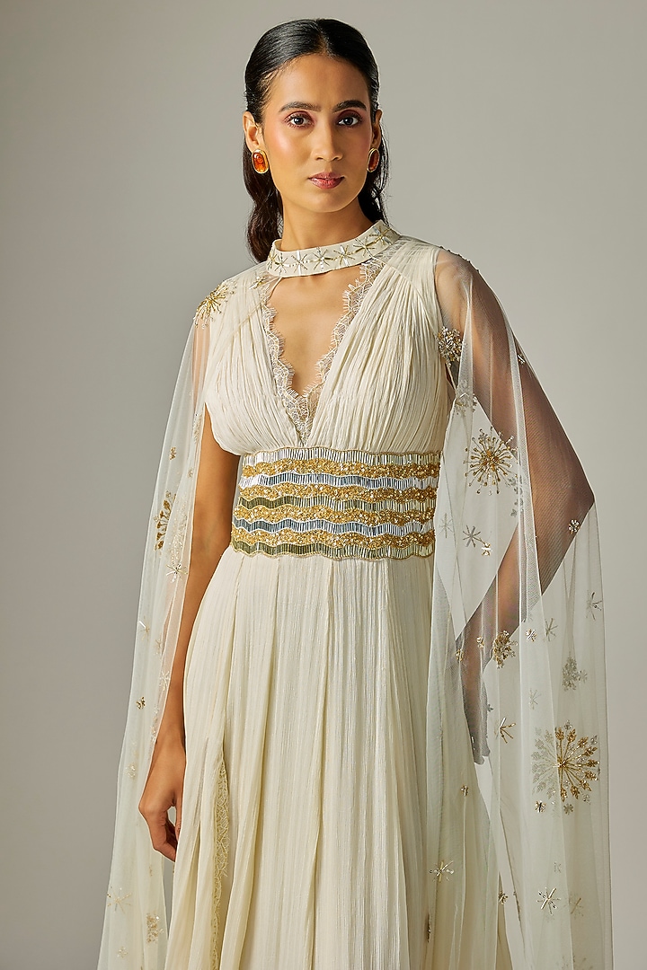 Ivory Chiffon Embroidered Wedding Gown With Cape by COUTURE BY NIHARIKA at Pernia's Pop Up Shop