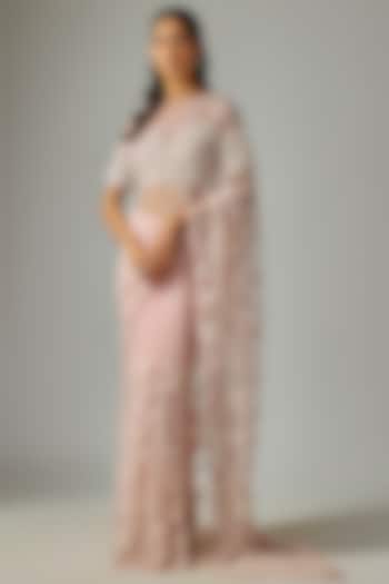 Lilac Pink Net Embroidered Reception Saree Set by COUTURE BY NIHARIKA at Pernia's Pop Up Shop