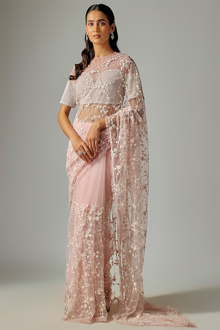 Lilac Pink Net Embroidered Reception Saree Set by COUTURE BY NIHARIKA at Pernia's Pop Up Shop