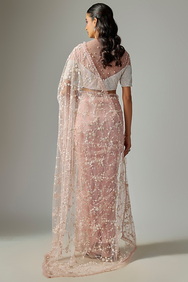 Lilac Pink Net Embroidered Reception Saree Set by COUTURE BY NIHARIKA at Pernia's Pop Up Shop