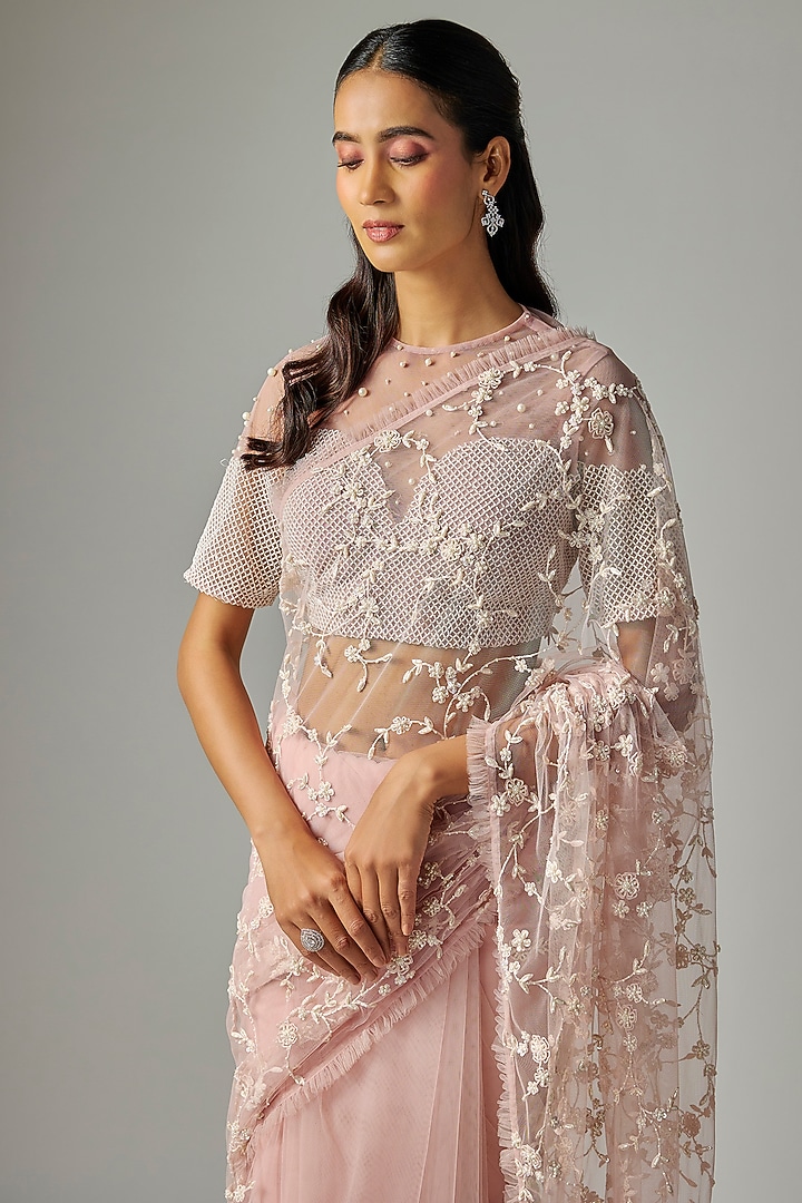 Lilac Pink Net Embroidered Reception Saree Set by COUTURE BY NIHARIKA at Pernia's Pop Up Shop