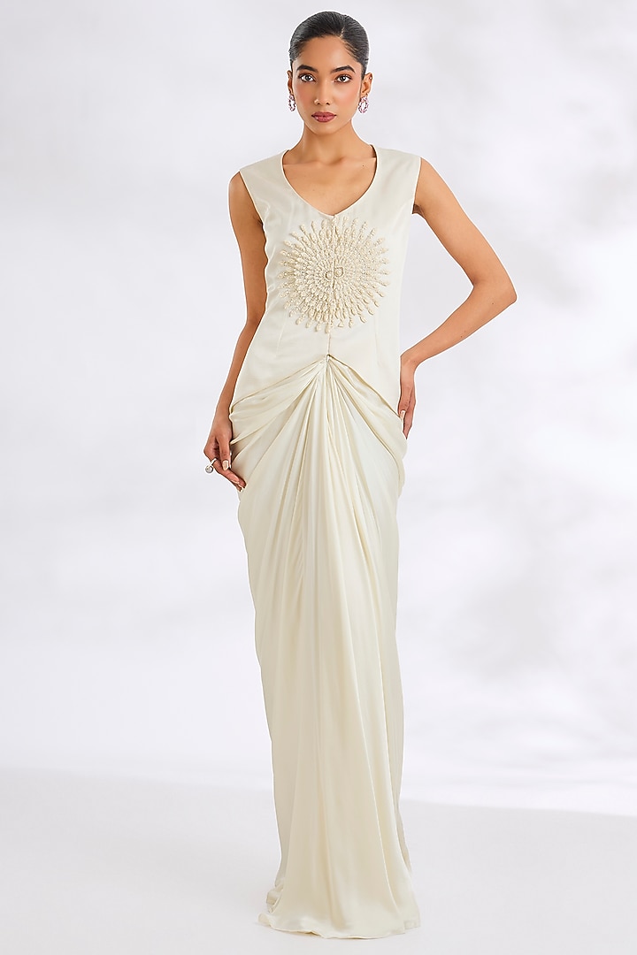 Ivory Pure Satin Embroidered Skirt Set by COUTURE BY NIHARIKA at Pernia's Pop Up Shop