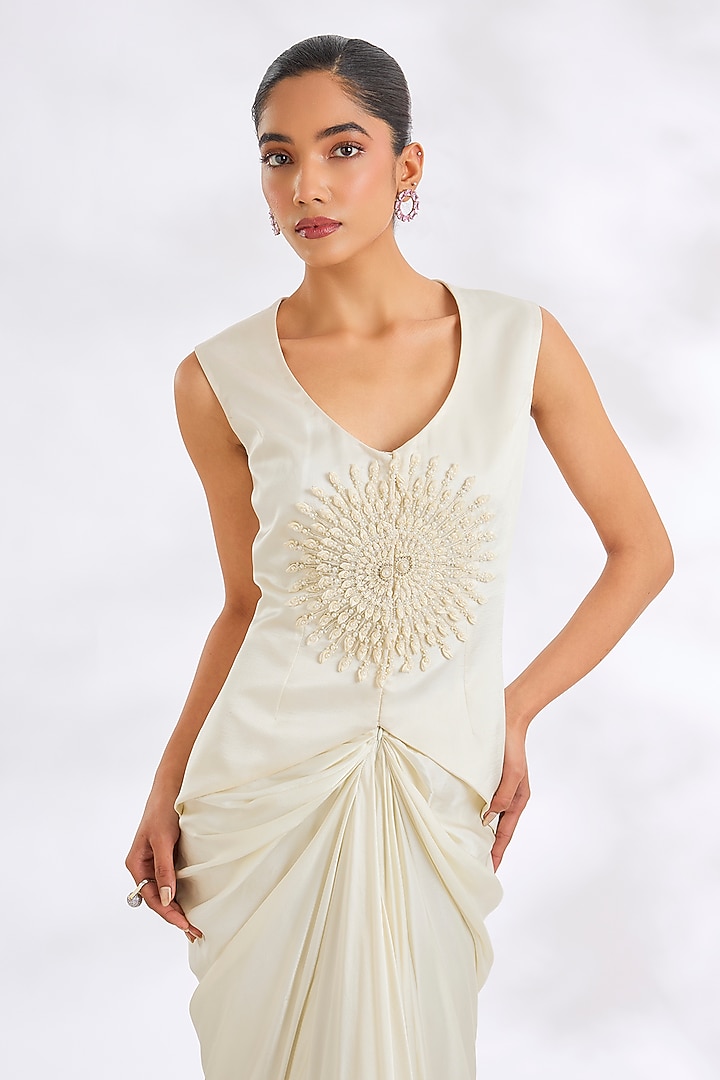 Ivory Pure Satin Embroidered Skirt Set by COUTURE BY NIHARIKA at Pernia's Pop Up Shop