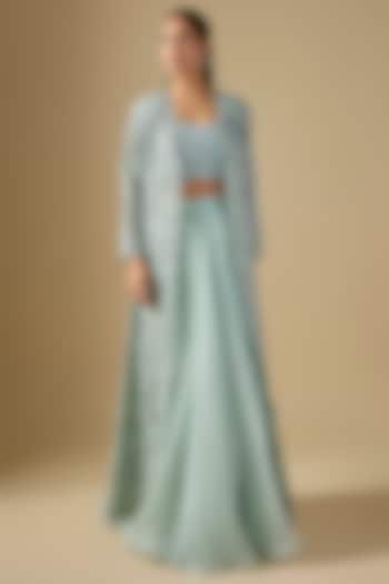 Blue Organza Cutwork Embroidered Jacket Set by COUTURE BY NIHARIKA at Pernia's Pop Up Shop