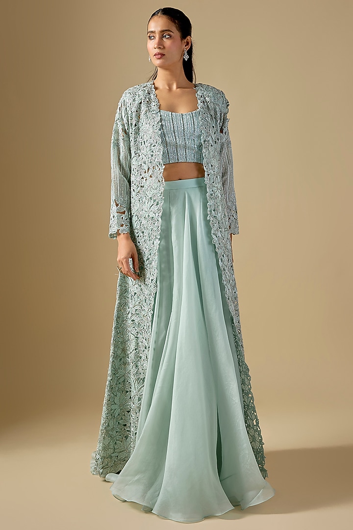Blue Organza Cutwork Embroidered Jacket Set by COUTURE BY NIHARIKA at Pernia's Pop Up Shop