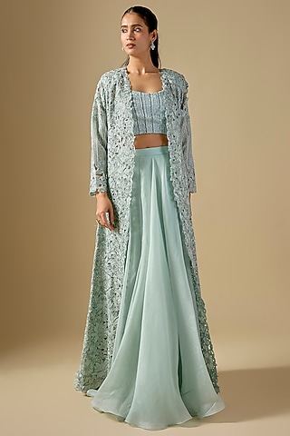 Blue Organza Cutwork Embroidered Jacket Set by COUTURE BY NIHARIKA
