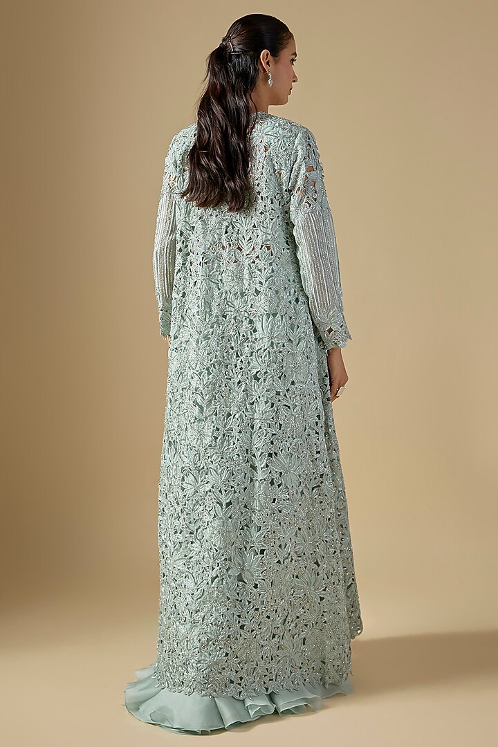Blue Organza Cutwork Embroidered Jacket Set by COUTURE BY NIHARIKA at Pernia's Pop Up Shop