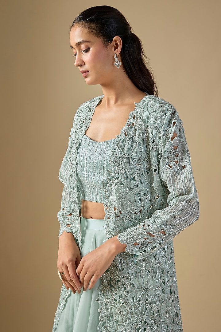 Blue Organza Cutwork Embroidered Jacket Set by COUTURE BY NIHARIKA at Pernia's Pop Up Shop