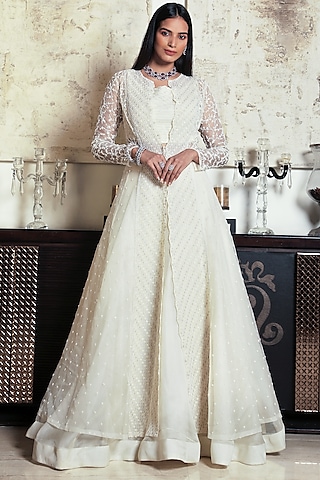 Ivory Organza Pearl Embroidered Jacket Lehenga Set by COUTURE BY NIHARIKA