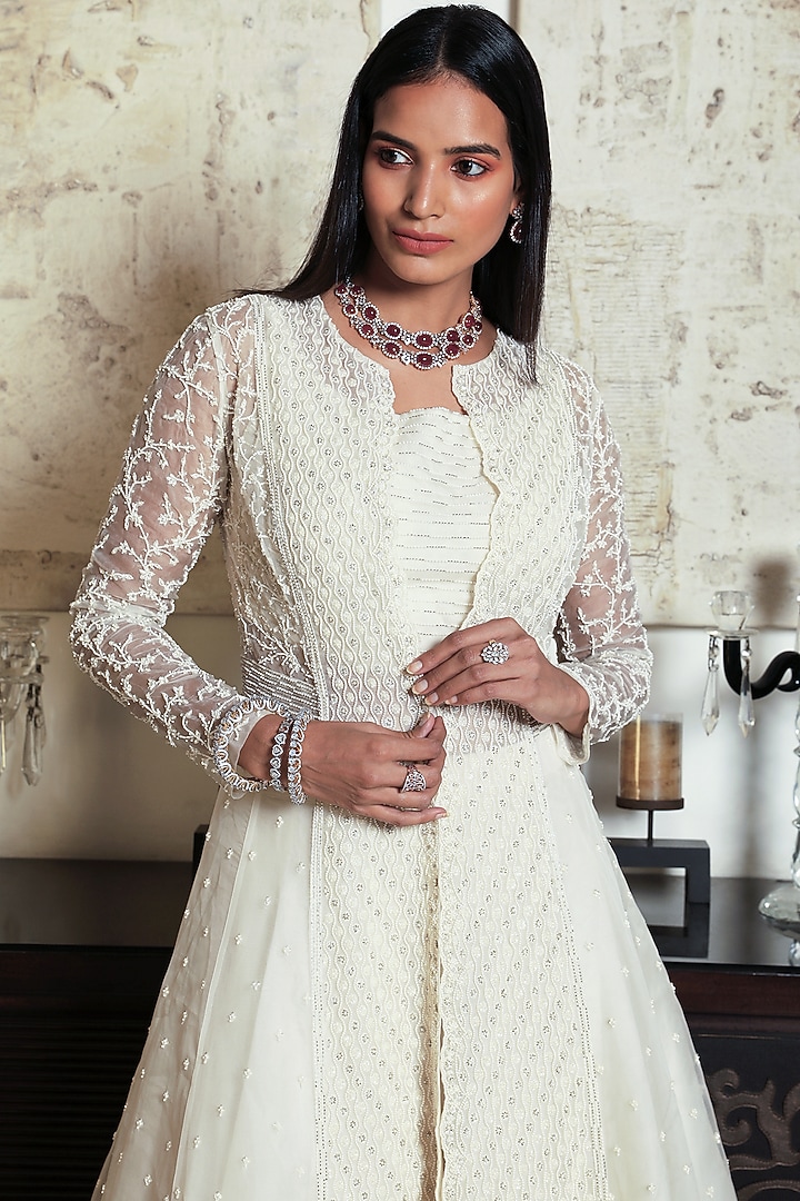 Pakistani Dresses Farah Talib Aziz Wedding Wear Ivory Organza Pearl  Embroidered Jacket Wedding Lehenga Set By