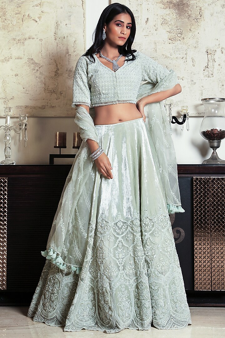 Mint Green Embroidered Bridal Lehenga Set by COUTURE BY NIHARIKA at Pernia's Pop Up Shop