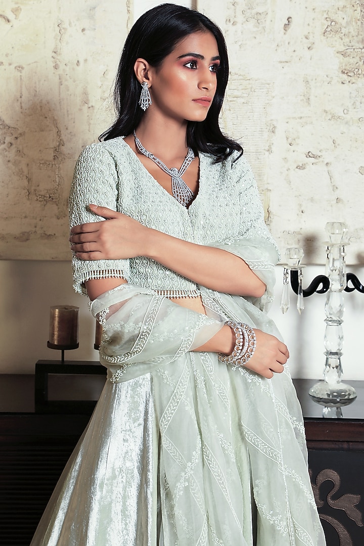 Mint Green Embroidered Bridal Lehenga Set by COUTURE BY NIHARIKA at Pernia's Pop Up Shop