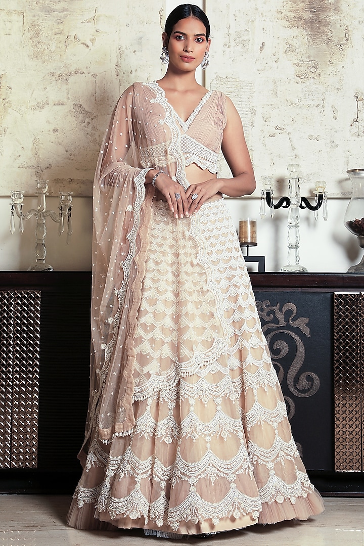 Beige Embroidered Lehenga Set by COUTURE BY NIHARIKA