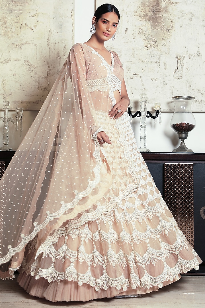 Beige Embroidered Bridal Lehenga Set by COUTURE BY NIHARIKA at Pernia's Pop Up Shop