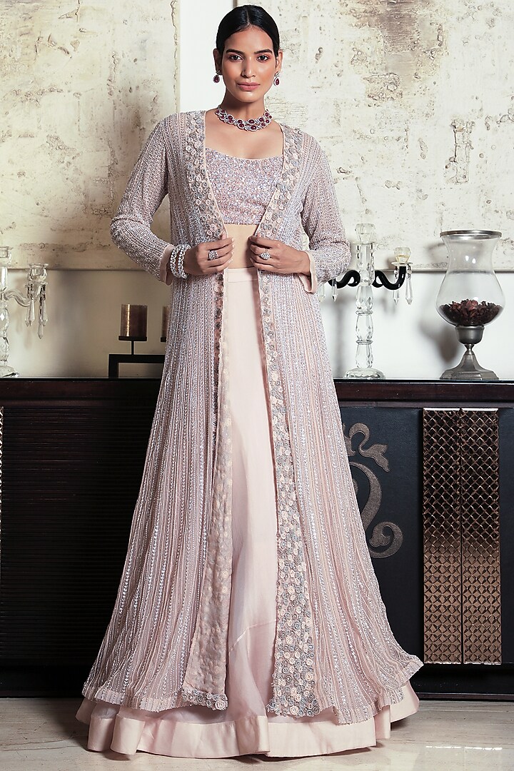 Mauve Embroidered Jacket Set by COUTURE BY NIHARIKA at Pernia's Pop Up Shop