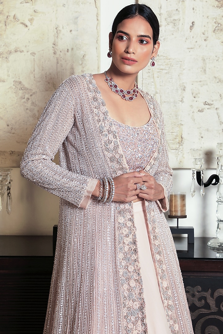 Mauve Embroidered Jacket Set by COUTURE BY NIHARIKA at Pernia's Pop Up Shop
