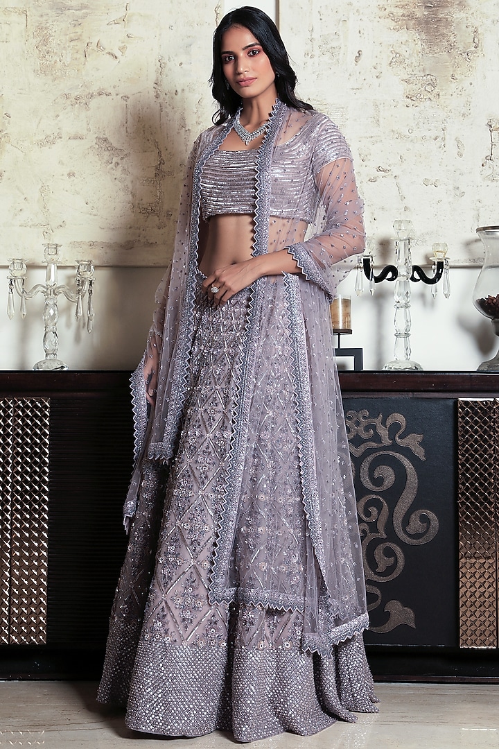 Dusty Purple Organza Embroidered Bridal Lehenga Set by COUTURE BY NIHARIKA at Pernia's Pop Up Shop