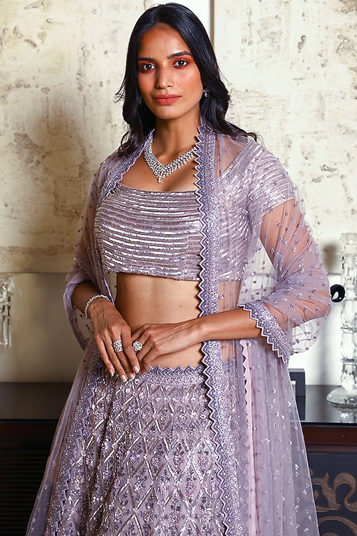 Dusty Purple Organza Embroidered Bridal Lehenga Set by COUTURE BY NIHARIKA at Pernia's Pop Up Shop