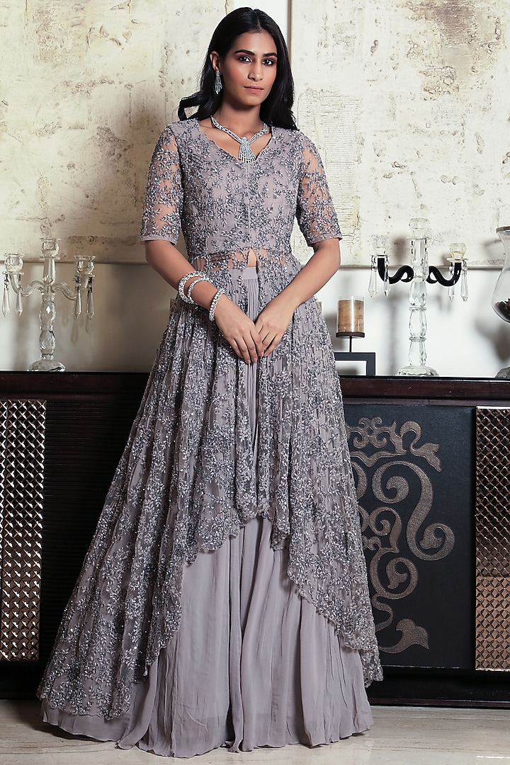 Grey Embroidered Jacket Set by COUTURE BY NIHARIKA