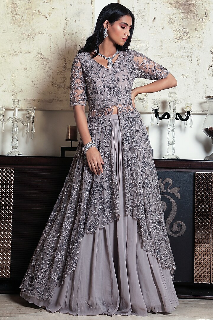 Grey Embroidered Jacket Set by COUTURE BY NIHARIKA at Pernia's Pop Up Shop