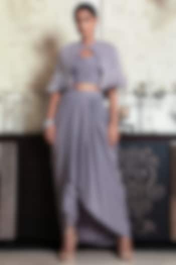 Grey Satin Embroidered Gathered Skirt Set by COUTURE BY NIHARIKA