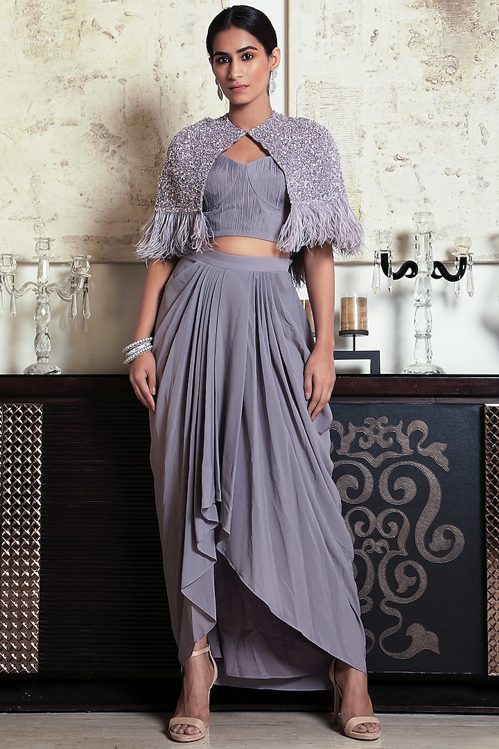 Grey Satin Embroidered Gathered Skirt Set by COUTURE BY NIHARIKA