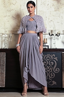 Grey Satin Embroidered Gathered Skirt Set by COUTURE BY NIHARIKA-SHOP BY STYLE