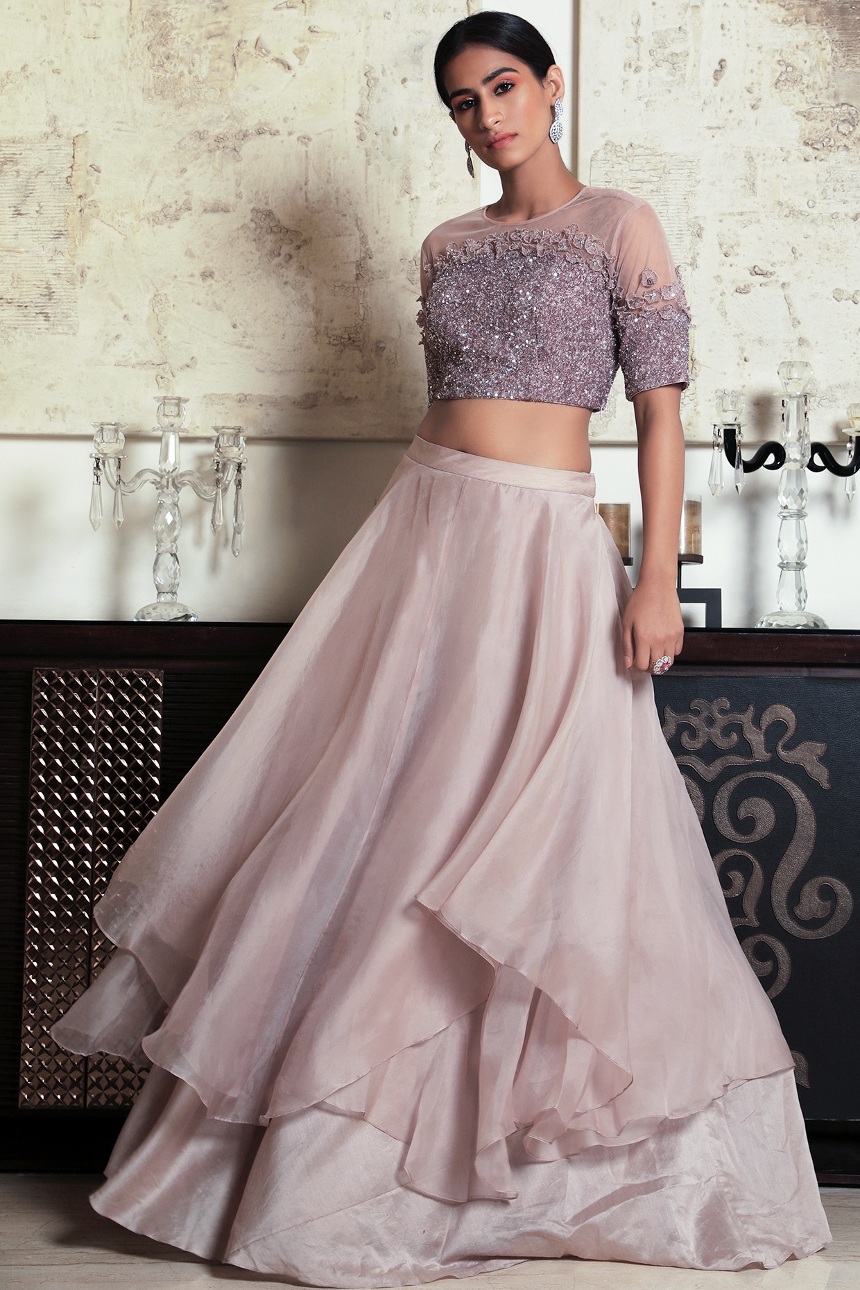 Peach Embroidered Layered Skirt Set 