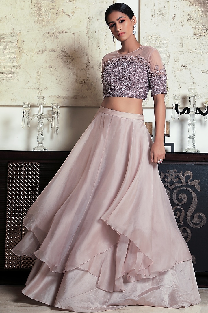 Peach Embroidered Layered Skirt Set by COUTURE BY NIHARIKA at Pernia's Pop Up Shop