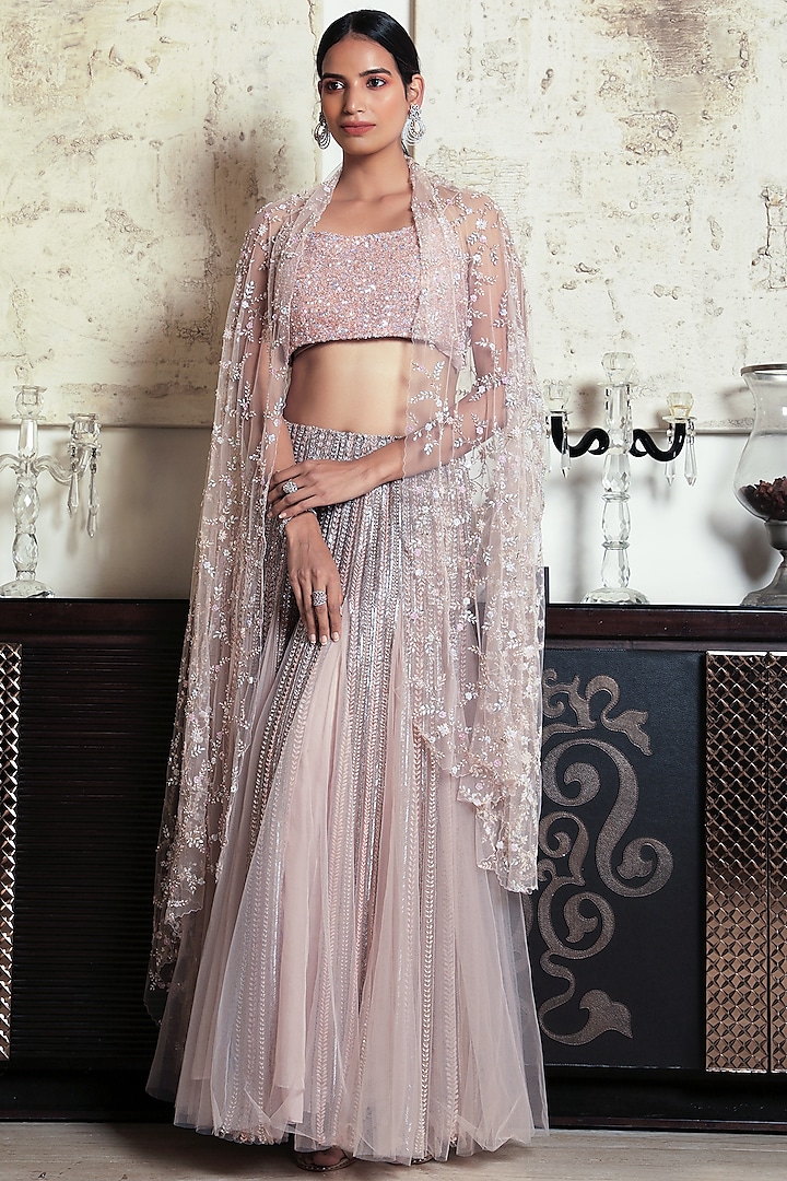 Peach Embroidered Lehenga Set by COUTURE BY NIHARIKA