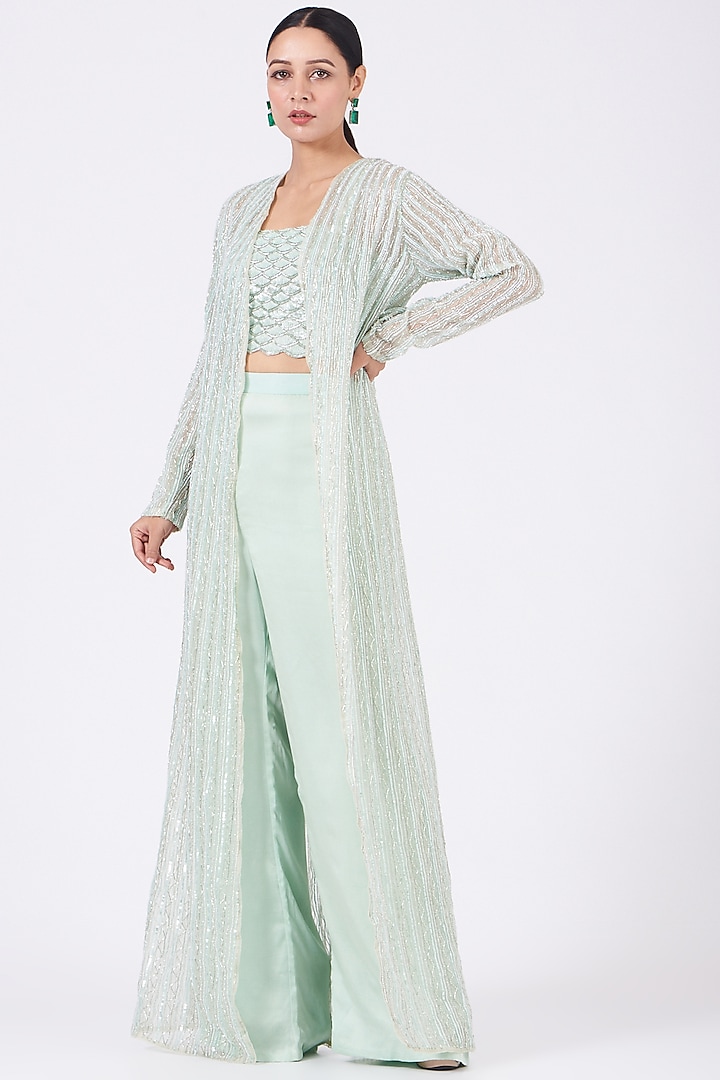 Mint Embroidered Jacket Set by COUTURE BY NIHARIKA at Pernia's Pop Up Shop