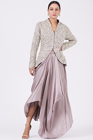 Lavender Embroidered Jacket Set by COUTURE BY NIHARIKA