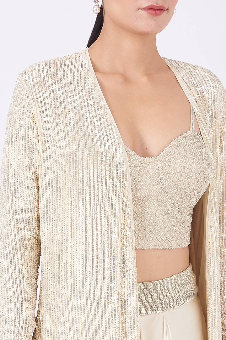 Light Beige Embroidered Jacket Set by COUTURE BY NIHARIKA at Pernia's Pop Up Shop