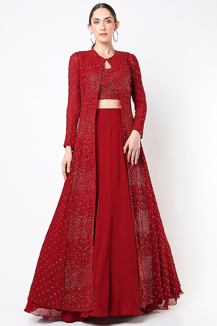 Red French Knot Embroidered Jacket Set by COUTURE BY NIHARIKA