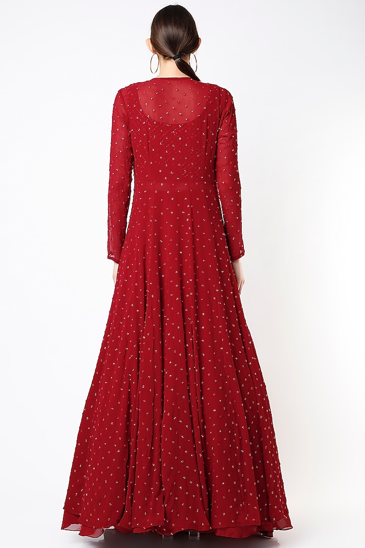 Red French Knot Embroidered Jacket Set by COUTURE BY NIHARIKA at Pernia's Pop Up Shop