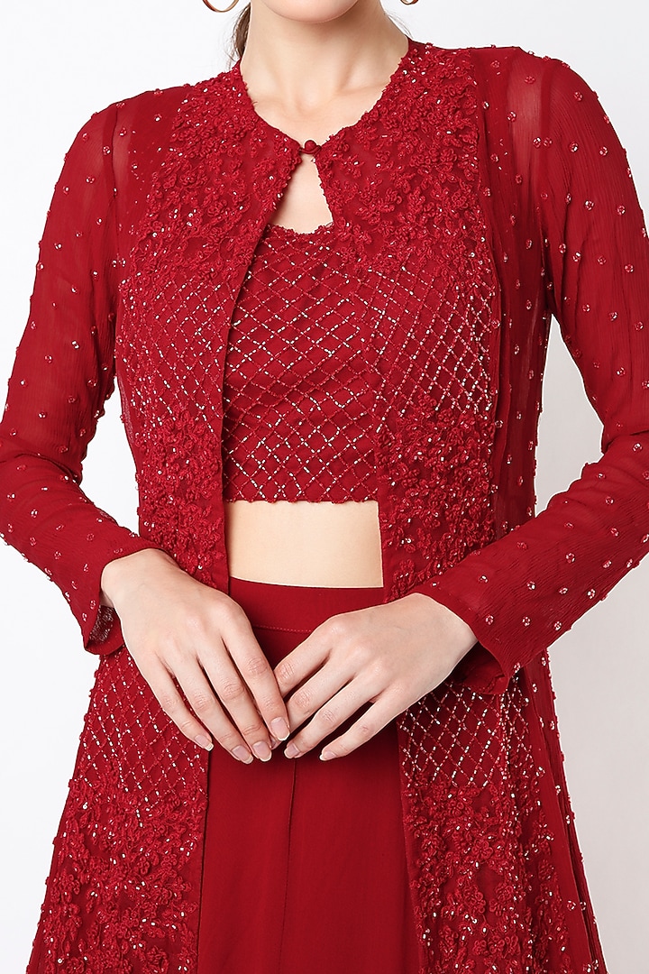 Red French Knot Embroidered Jacket Set by COUTURE BY NIHARIKA at Pernia's Pop Up Shop