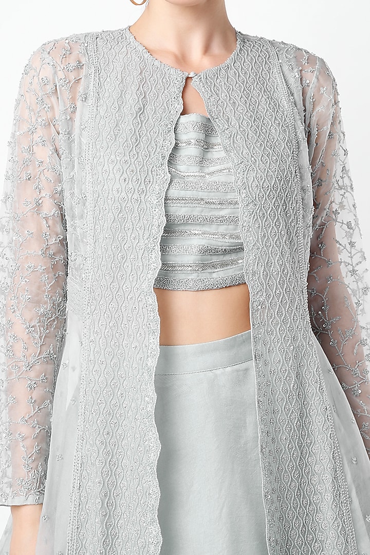 Sky Blue Pearl Embroidered Jacket Set by COUTURE BY NIHARIKA at Pernia's Pop Up Shop