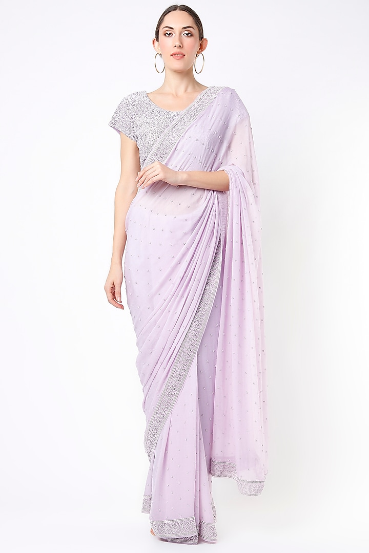 Lilac Embroidered Saree Set by COUTURE BY NIHARIKA at Pernia's Pop Up Shop