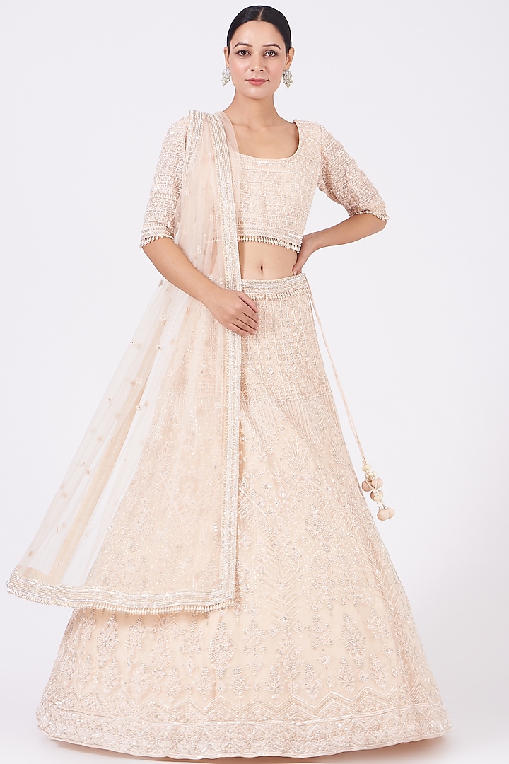 Peach Embroidered Bridal Lehenga Set by COUTURE BY NIHARIKA at Pernia's Pop Up Shop