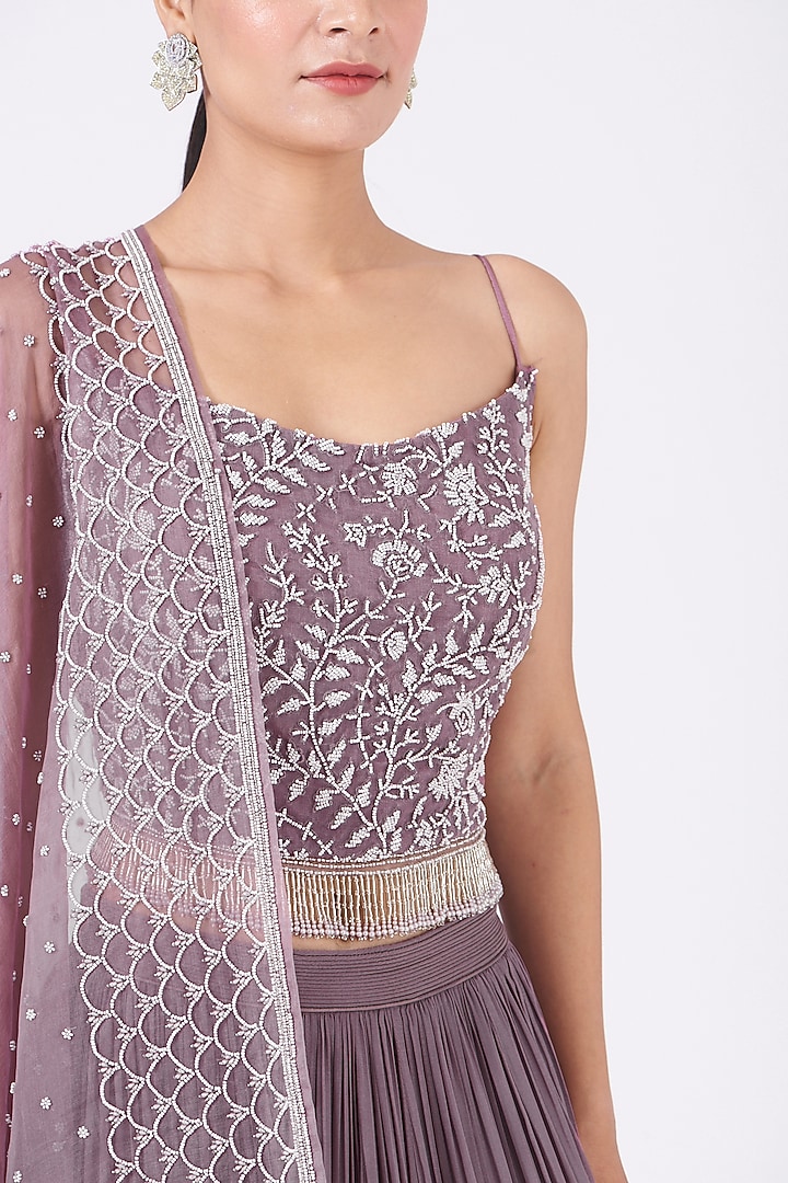 Dusty Purple Flat Chiffon & Organza Crushed Wedding Lehenga Set by COUTURE BY NIHARIKA at Pernia's Pop Up Shop