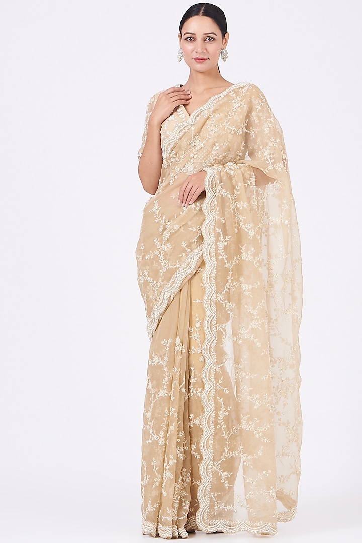 Beige Embroidered Saree Set by COUTURE BY NIHARIKA