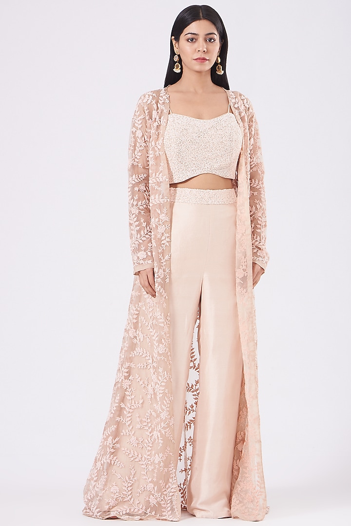 Peach Embroidered Jacket Set by COUTURE BY NIHARIKA