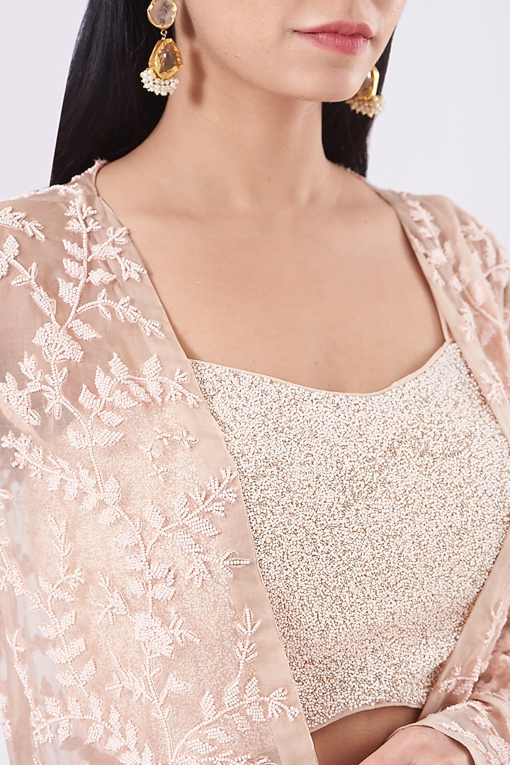 Peach Embroidered Jacket Set by COUTURE BY NIHARIKA at Pernia's Pop Up Shop
