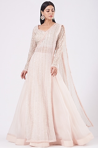 Peach Organza Flared Lehenga Set by COUTURE BY NIHARIKA
