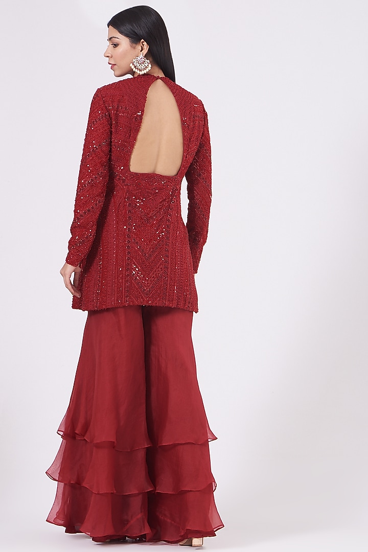 Deep Red Layered Bridal Sharara Set by COUTURE BY NIHARIKA at Pernia's Pop Up Shop