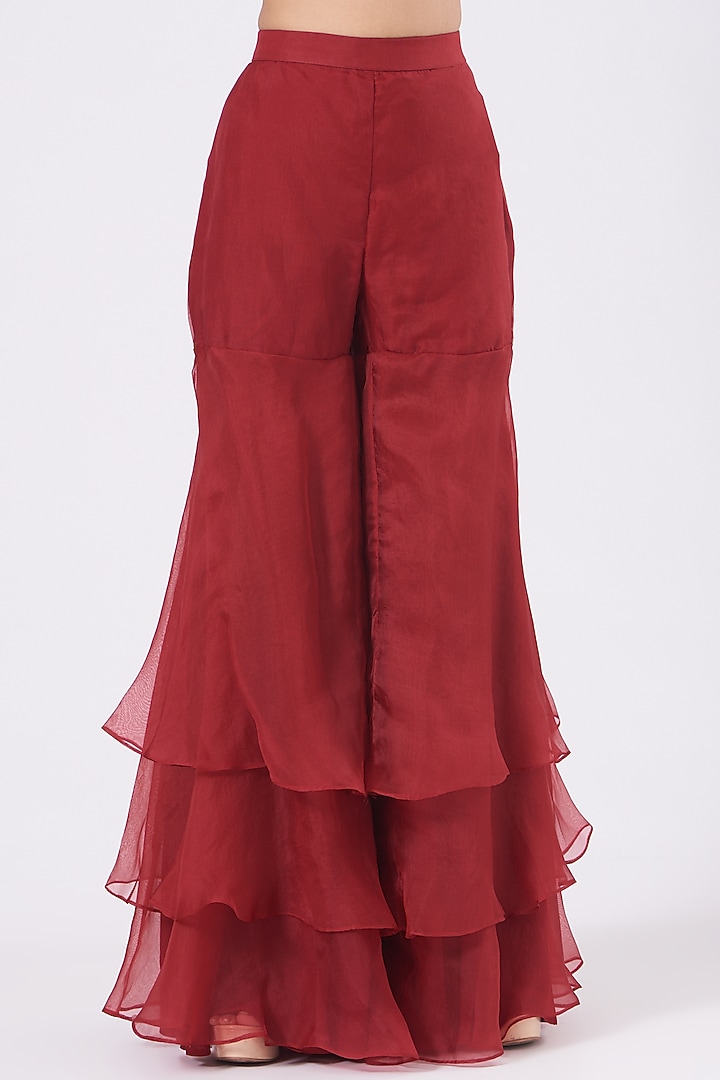 Deep Red Layered Bridal Sharara Set by COUTURE BY NIHARIKA at Pernia's Pop Up Shop