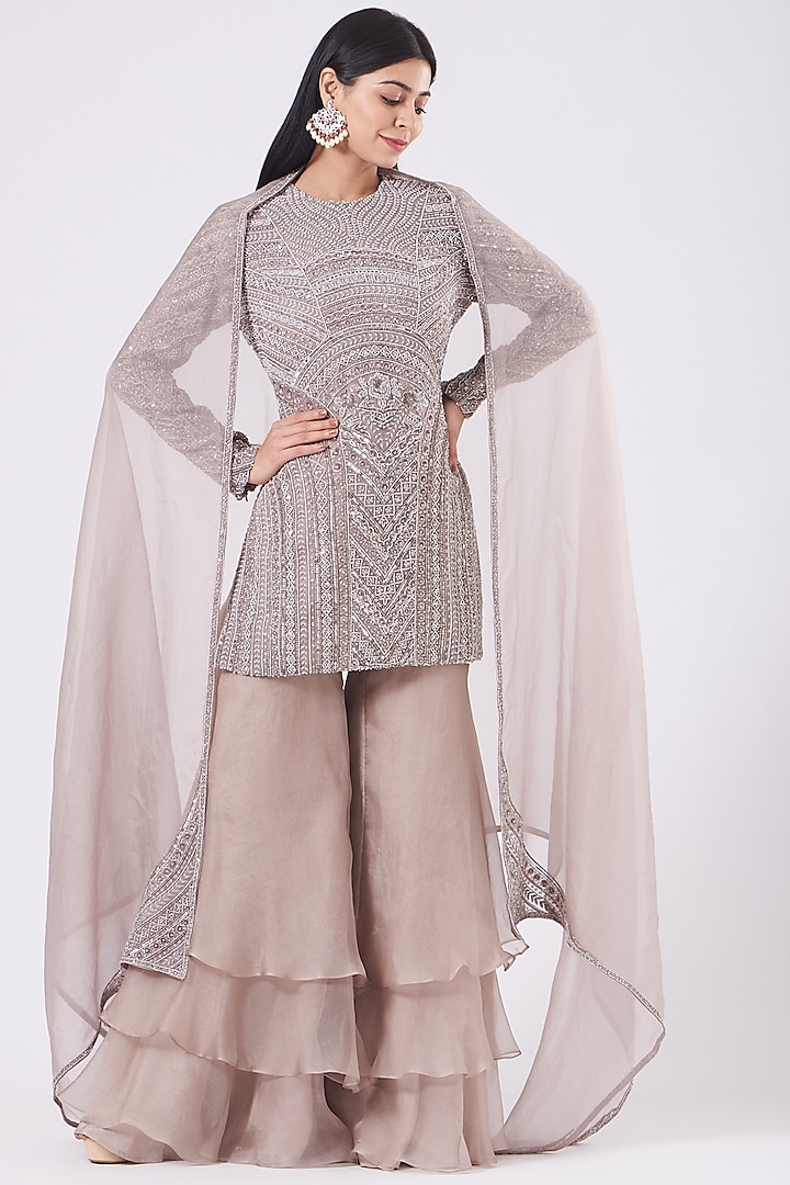 Grey Layered Sharara Set by COUTURE BY NIHARIKA at Pernia's Pop Up Shop